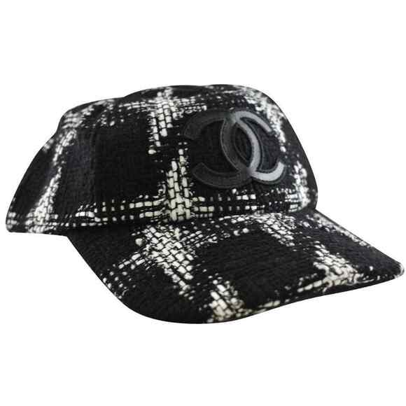 Chanel REV Black White Tweed Check CC Logo Baseball Cap Curved Peak Hat M Medium - Picture 1 of 7